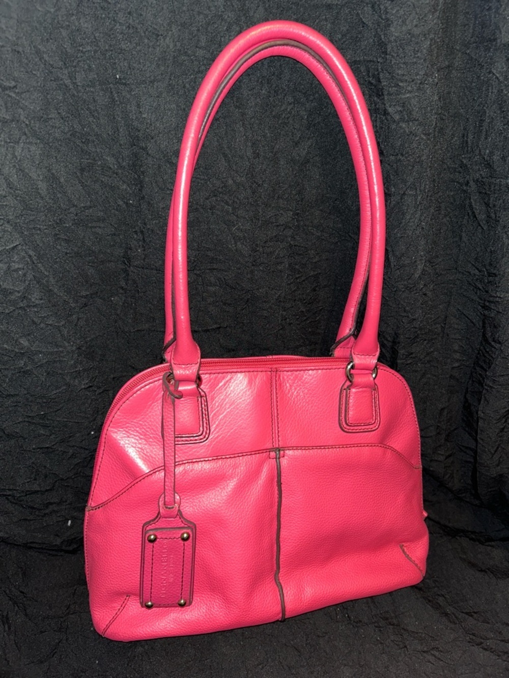 Tignanello Pink Pebbled Leather Dome Satchel Zip Around Shoulder Purse Bag Charm